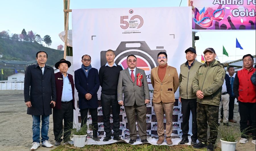 Advisor, Land Resource Development, Ikuto Ikuto Zhimomi with officials and others at the inaugural of the 4-day night carnival commemorating the 50th year of Zunheboto district cum Ahuna festival at District Sports Council Ground, Zunheboto on November 11.