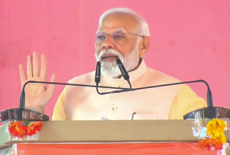 Khandwa : Prime Minister Narendra Modi addresses an election meeting in Khandwa on Sunday, November 05, 2023. (Photo: IANS)