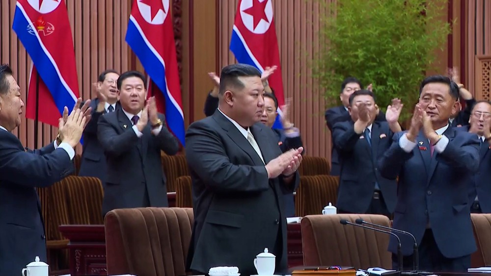 North Korean leader Kim Jong-un (C) claps during the ninth session of the 14th Supreme People's Assembly held on Sept. 26-27 in Pyongyang, in this photo captured from Pyongyang's official Korean Central Television on Sept. 28, 2023. (IANS/Yonhap)