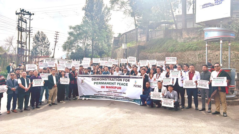 The Naga Students' Federation (NSF) under the aegis of North East Students' Organisation (NESO) held a demonstration for ‘Permanent Peace in Manipur’ in Kohima on November 9. (Morung Photo)