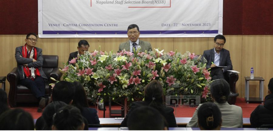 Member NSSB P Bangjung Chang addressing the 4th Biennial Conference of NDSMA held at Capital Convention Centre, Kohima on November 22. (Photo Courtesy: DIPR)
