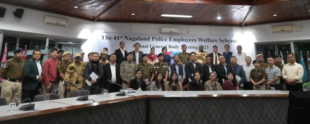 DGP Nagaland Rupin Sharma, Sandeep M. Tamgadge, ADGP (L&O), Martin Pienyü, IGP (INT) and Imlisunep IGP (Vigilance), Joseph Hesso IGP (Adm) with representative of different units at the 41st NPEWS annual general body meeting 2023 held on November 17. (Photo Courtesy: DIPR)