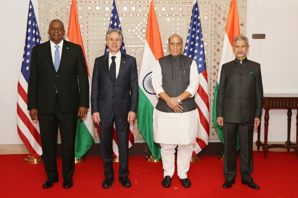 New Delhi : Union Defence Minister Rajnath Singh, External Affairs Minister S Jaishankar, US Secretary of Defence Lloyd Austin and US Secretary of State Antony Blinken pose for photos ahead of the 5th India-US 2+2 Ministerial Dialogue in New Delhi on Friday, November 10, 2023. (Photo: IANS/PIB)