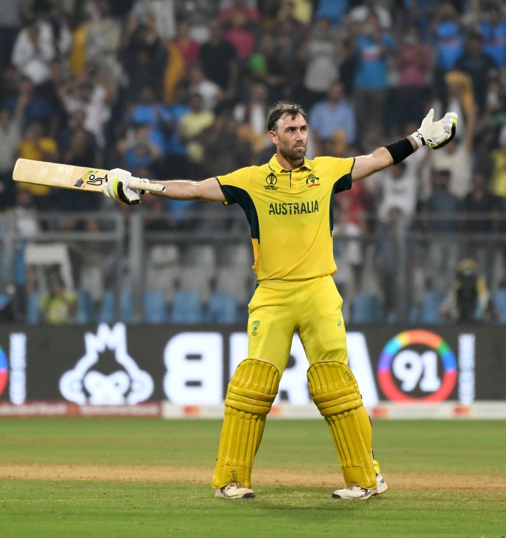 Mumbai: Australia's Glenn Maxwell celebrates after scoring a double century and hitting the winning shot, leading his team to victory in the ICC Men's Cricket World Cup match against Afghanistan at Wankhede Stadium in Mumbai on Tuesday, November 07, 2023. (Photo: IANS)