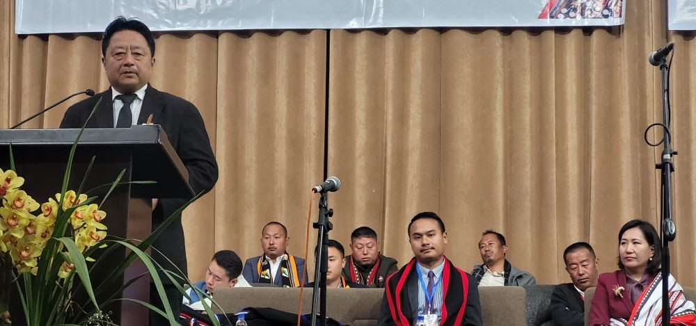 Niizota Swiiro addresses silver jubilee celebration of KTSU in Kohima on December 19. (Morung Photo)
