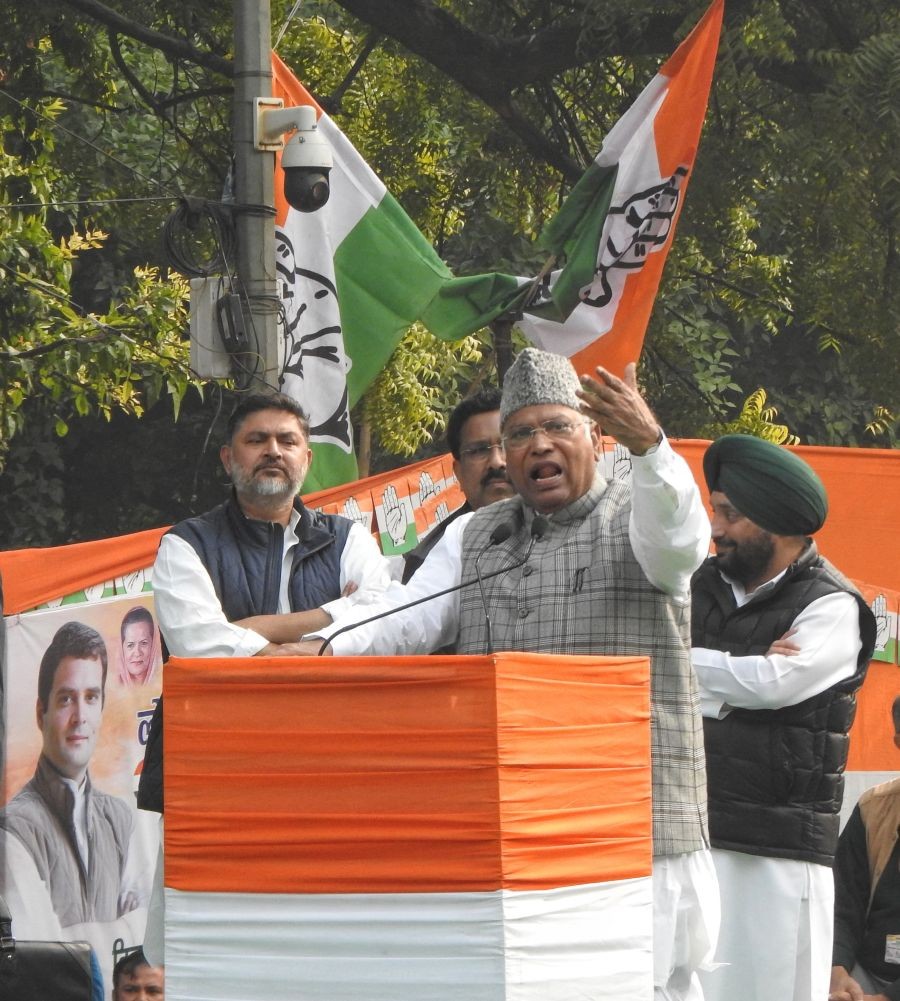 INDIA Alliance leaders Congress president Mallikarjun Kharge , Rahul Gandhi Congress leader, former Cricketer Mohammad Azharuddin & other Senior Leaders to protest against suspension of 143 INDIA parties MPs at Jantar Mantar in New Delhi on Friday 22 December photo Anupam Gautam