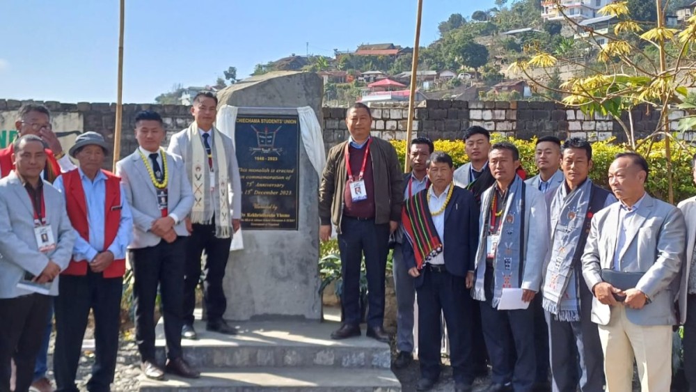 Dr Kekhrielhoulie Yhome and others after unveiling the CSU 75th Anniversary monolith on December 15. (Morung Photo)