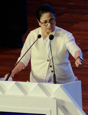 West Bengal Chief Minister Mamata Banerjee speaks during the inaugural session of the 7th Bengal Global Business Summit, in Kolkata on Tuesday, November 21, 2023. (Photo: IANS/Kuntal Chakrabarty)