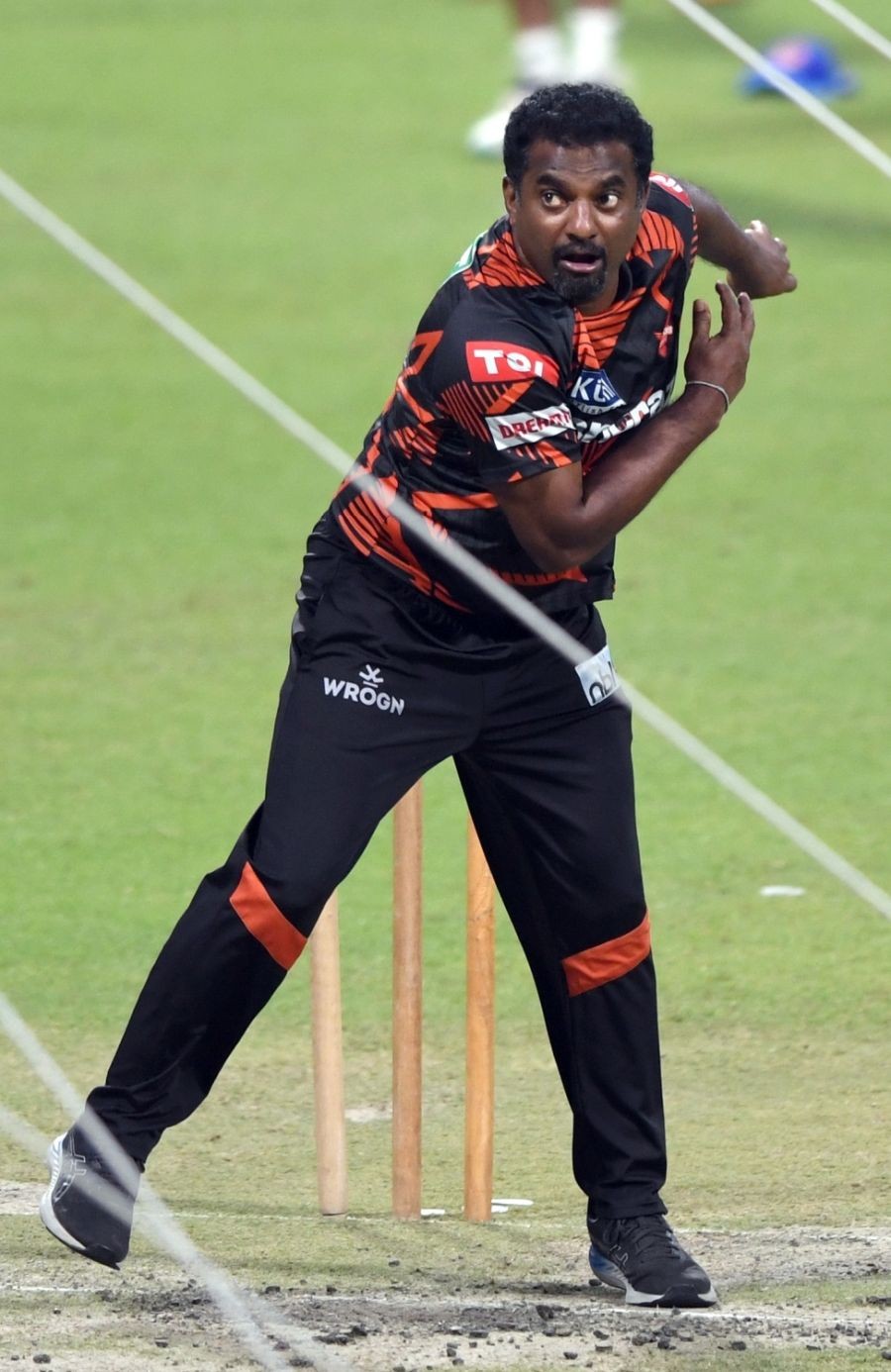 Kolkata: SRH bowling coach Muttiah Muralitharan during a practice session ahead of the IPL match between Kolkata Knight Rider and Sunrisers Hyderabad, at Eden Gardens in Kolkata on Thursday, April 13, 2023. (Photo: IANS)