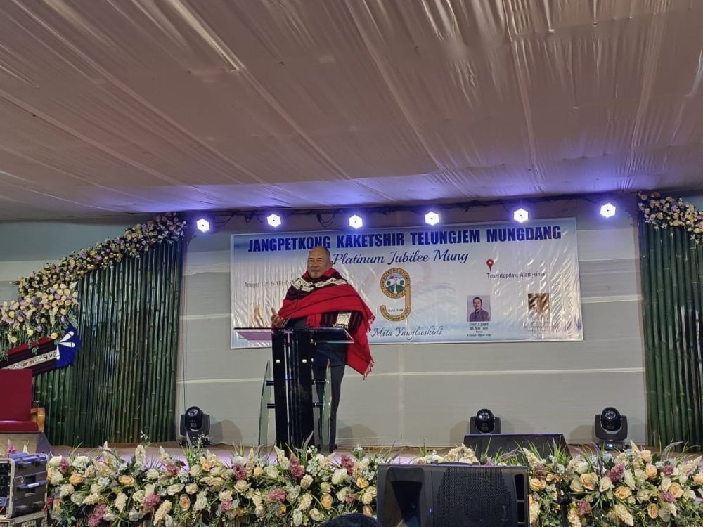 Temjenmenba, Advisor, Transport and Technical Education speaking during the Platinum Jubilee celebration of the Jangpetkong Kaketshir Telungjem Mungdang (JKTM).