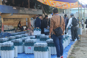 Polling officials prepare to leave for poll duty ahead of voting for Mizoram Assembly elections,on Monday, November 06,2023. (IANS/Twitter:@ceomizoram)