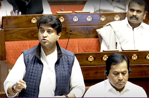 Union Minister Jyotiraditya Scindia speaks in the Rajya Sabha on the first day of the Winter session of Parliament, in New Delhi, Monday, Dec. 4, 2023. (IANS/Video Grab/Sansad TV)