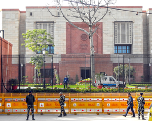 Tight security arrangements outside Parliament House at Central Secretariat area after a security breach on the anniversary of the 2001 Parliament terror attack during the Winter session, in New Delhi, Thursday, Dec. 14, 2023.(IANS/Anupam Gautam)