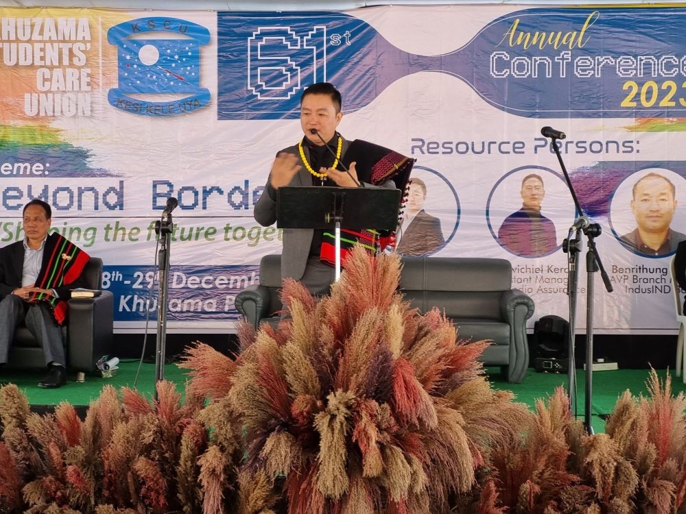 Kvulo Lorin, Chairman, NIDC speaking at Khuzama Students' Care Union 61st General Conference on December 28. (Morung Photo)