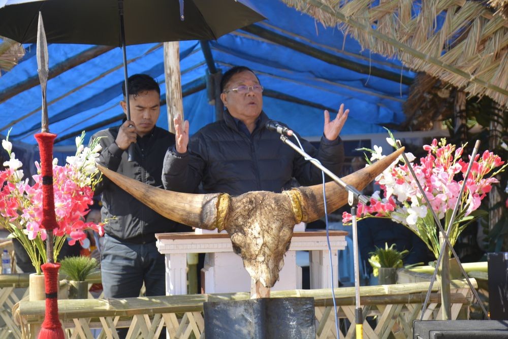 Minister PWD (Road &Bridges) G Kaito Aye speaks at the inaugural programme of the PMGSY Road Phase 1&2 in Kiusam town on January 11. (DIPR Photo)