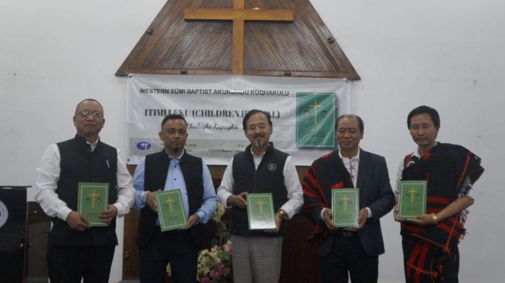 Rev Dr Khehovi Shohe, Director SBC along with Rev Dr Phughoto Sema ES, WSBAK and its members after Itimi Leku (Children Hymnal) was dedicated and released on January 16. (Morung Photo)