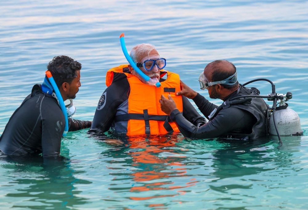 Lakshadweep : Prime Minister Narendra Modi tries snorkeling during his visit in Lakshadweep. (Photo: IANS/@narendramodi)