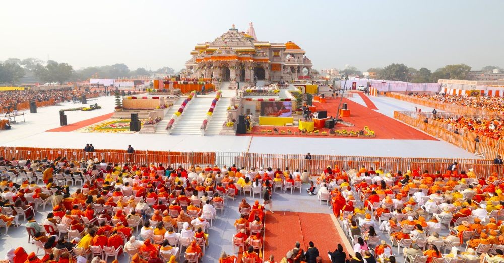 Ayodhya: Gathering at the Shri Ram Janmabhoomi Temple during the consecration ceremony on Monday, January 22, 2024. (Photo: IANS/PIB)