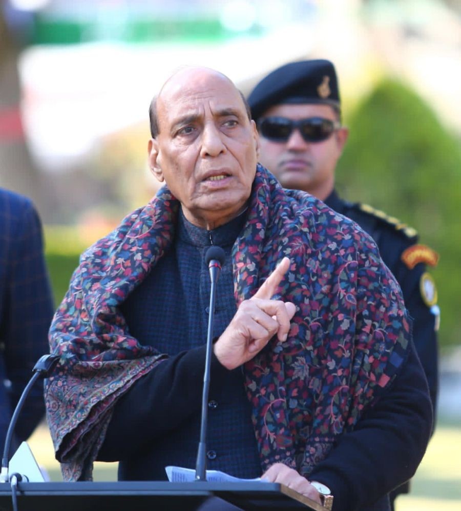 Defence Minister Rajnath Singh interacts with Army personnel in Rajouri on Wednesday, December 27, 2023. (Photo: IANS)