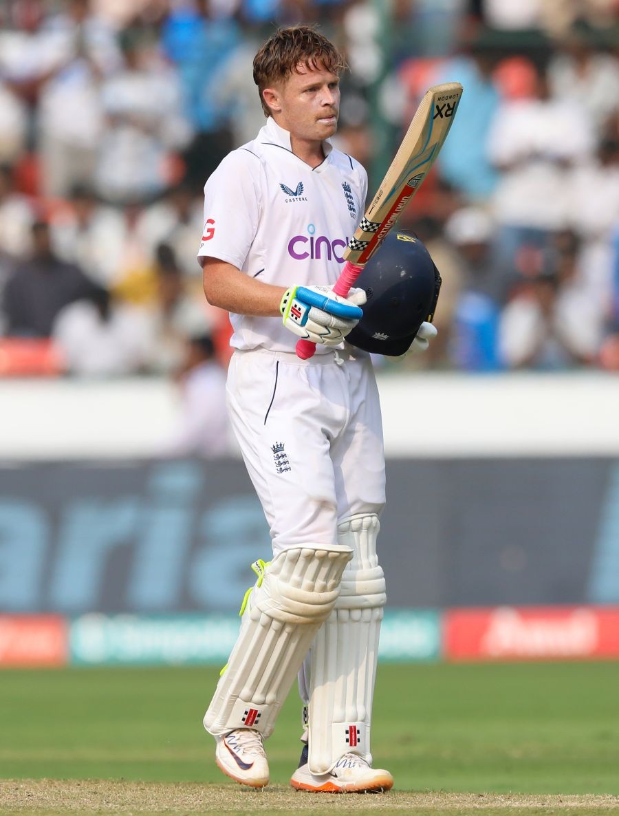 Hyderabad : England's Ollie Pope celebrates his century during the third day of first test match between India and England, at Rajiv Gandhi International Cricket Stadium in Hyderabad, Saturday, Jan. 27, 2024. (Photo: IANS/Suresh Kumar)