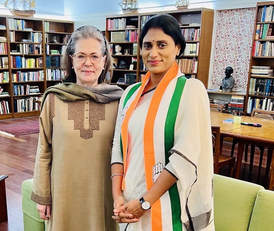 YSR Telangana Party founder YS Sharmila meets Congress leader Sonia Gandhi after joining the Congress, in New Delhi on Thursday, Jan. 04, 2024. (Photo: IANS/@realyssharmila)