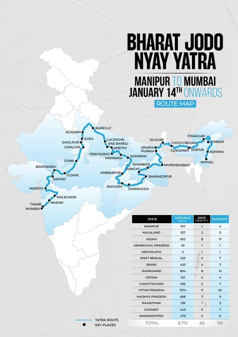 The route map of the upcoming Rahul Gandhi-led Bharat Jodo Nyay Yatra from Manipur-Mumbai shared by Congress on social media on January 4. (Image: @INCIndia/X)