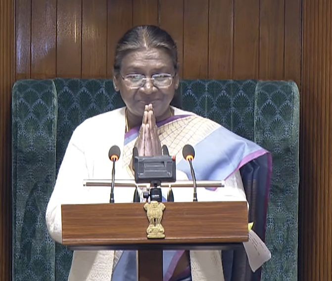 New Delhi: President Droupadi Murmu addresses the joint session of Parliament on the opening day of the Budget session, in New Delhi, Wednesday, Jan. 31, 2024. (Photo: IANS/Sansad TV)
