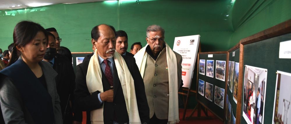 Governor, La Ganesan and Chief Minister, Neiphiu Rio visiting the photo exhibition stall at the Secretariat Plaza, Kohima on January 26. (DIPR Photo)
