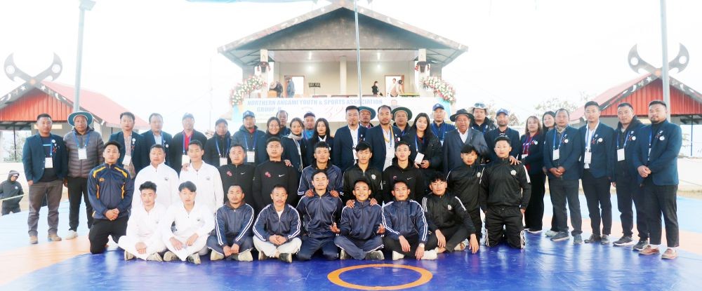 Wrestlers with dignitaries during NAYSA Group –D 32nd meet (Wrestling) 2024 on January 19.