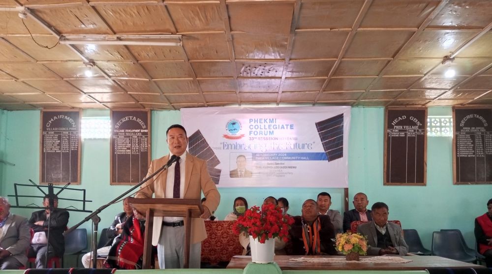 MLA Kuzholuzo (Azo) Nienu addressing Phekmi Collegiate Forum session at Phek village on January 18.