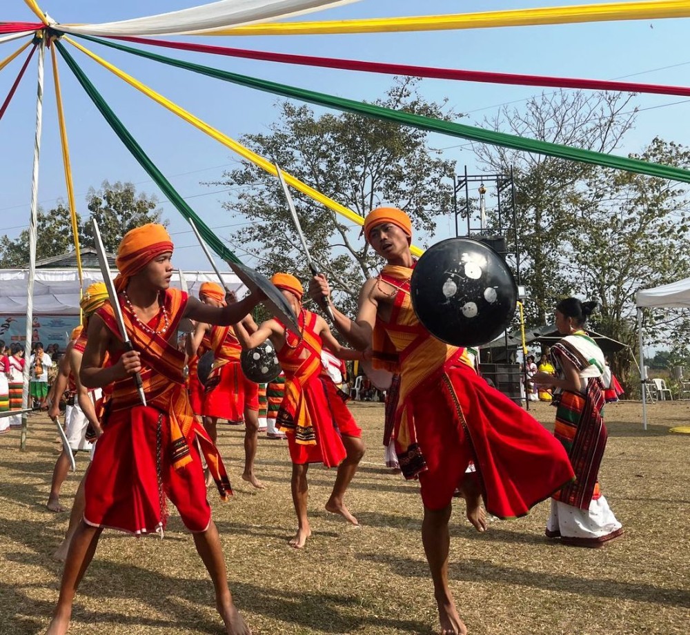 Dhansiripar cultural troupe performing their traditional war dance at the 17th Bishu Mini Hornbill Tribal Festival on January 28. (Morung Photo).