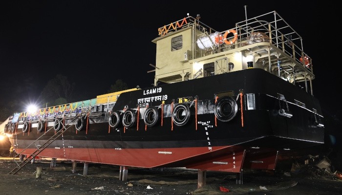 Navy's ammunition cum torpedo cum missile barge - LSAM 19 launched (Photo: Indian Navy)