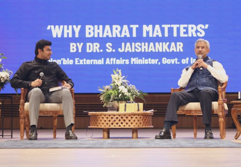 External Affairs Minister S. Jaishankar speaking during a discussion on his book 'Why Bharat Matters' with BJP MP Tejasavi Surya in Bengaluru. (IANS Photo)