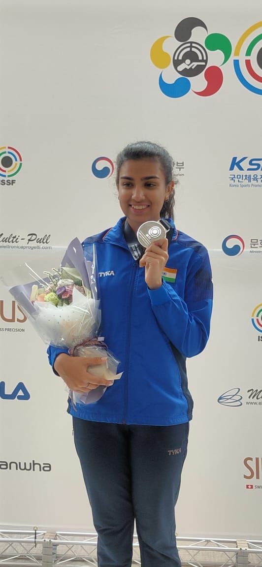 Gurjoat Khangura and Raiza Dhillon win bronze in Skeet Mixed Team competition in Asia Olympic Shotgun qualifiers in Kuwait on Sunday. Photo credit: NRAI (IANS)