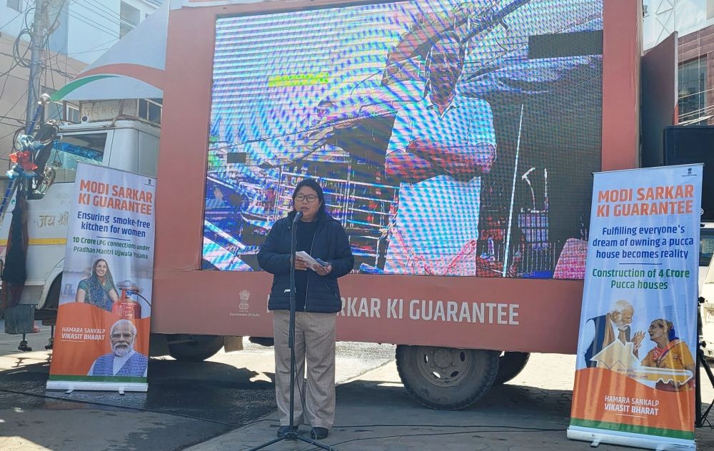 Lanusenla Longkumer addressing Viksit Bharat Sankalp Yatra programme in Kohima on January 8. (Morung Photo)