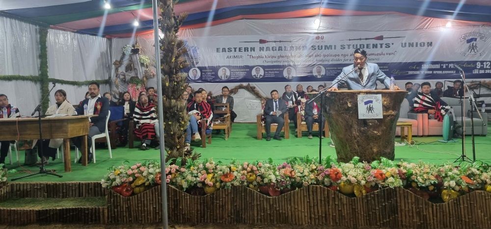 MLA C Kipili Sangtam addressing the Eastern Nagaland Sumi Students’ Union 18th general conference held at Shothumi-A