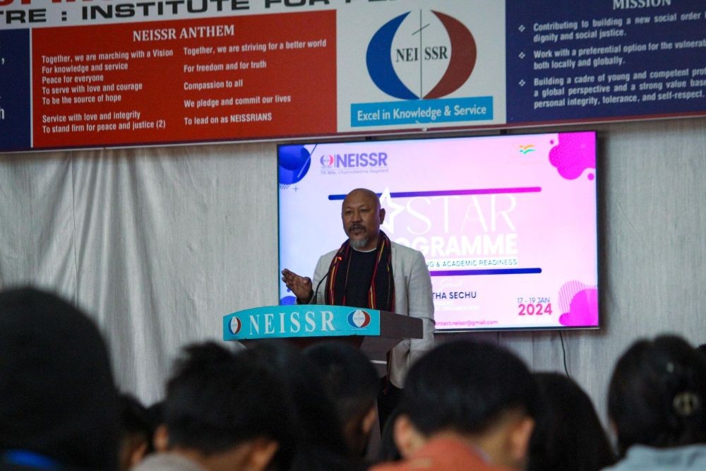 Chakhroma Public Organization Vice President, Kevichatha Sechu addressing the inaugural of the NEISSR academic orientation program on January 17.