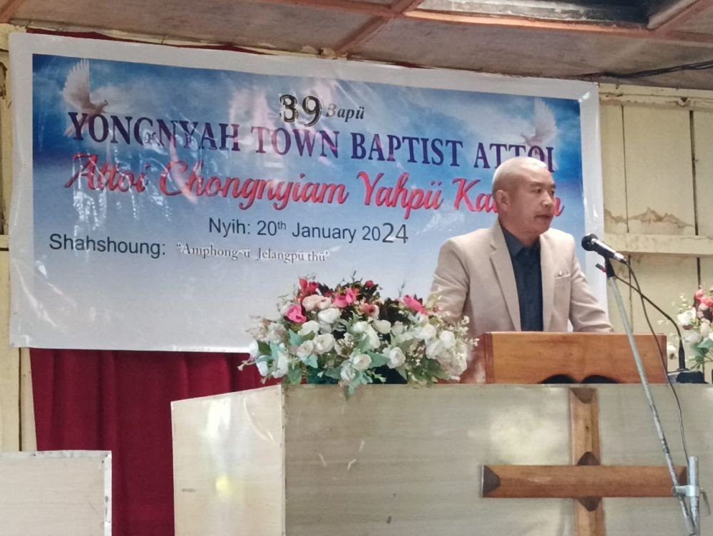 H Mongngoi, Associate Pastor of Longleng Town Baptist Church, speaking during the celebration program.