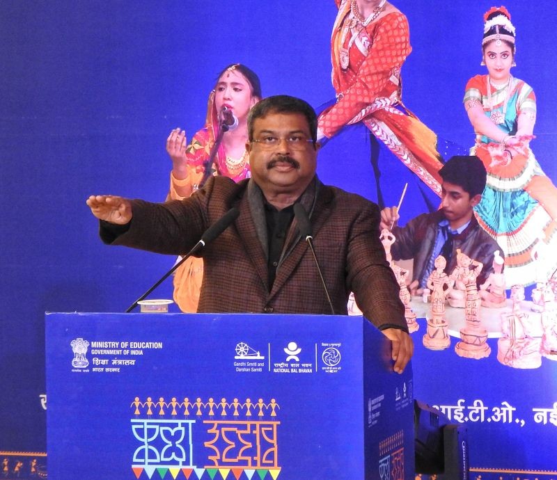 Union Education Minister Dharmendra Pradhan speaks during the inauguration of the National Kala Utsav at National Bal Bhavan, in New Delhi, Tuesday, Jan 09, 2024.(IANS/Anupam Gautam)