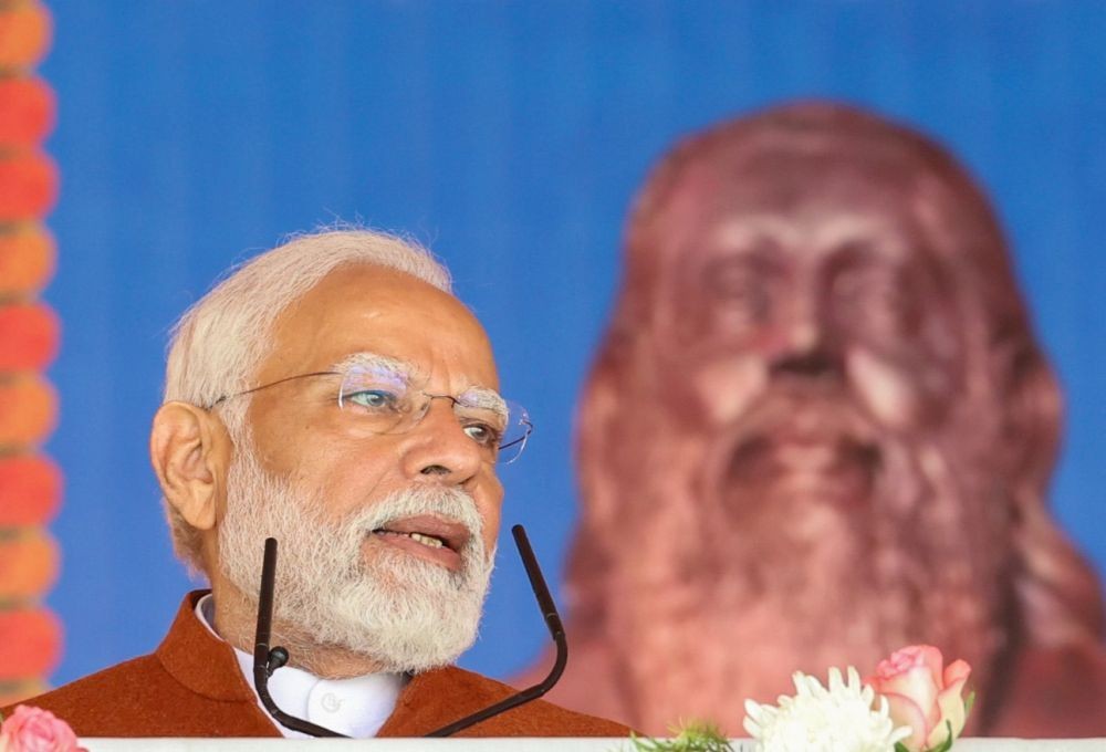 Varanasi : Prime Minister Narendra Modi addresses a programme organised on the occasion of 647th Birth Anniversary of Sant Guru Ravidas in Varanasi on Friday, Feb. 23, 2024. (Photo: IANS/PIB)