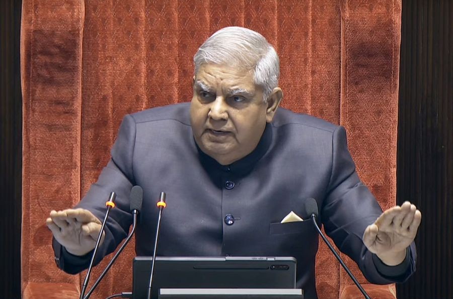 Rajya Sabha Chairman Jagdeep Dhankhar conducts proceedings in the House during the Budget session of Parliament, in New Delhi, Saturday, Feb. 10, 2024.(IANS/Video Grab/Sansad TV)