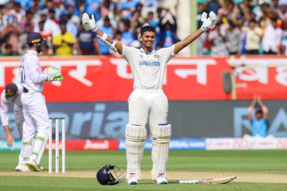 Visakhapatnam: India's Yashasvi Jaiswal celebrates his century during the first day of the second Test cricket match between India and England, at Dr Y S Rajasekhara Reddy ACA-VDCA Cricket Stadium in Visakhapatnam on Friday, Feb. 2, 2024. (Photo: IANS/Suresh Kumar)