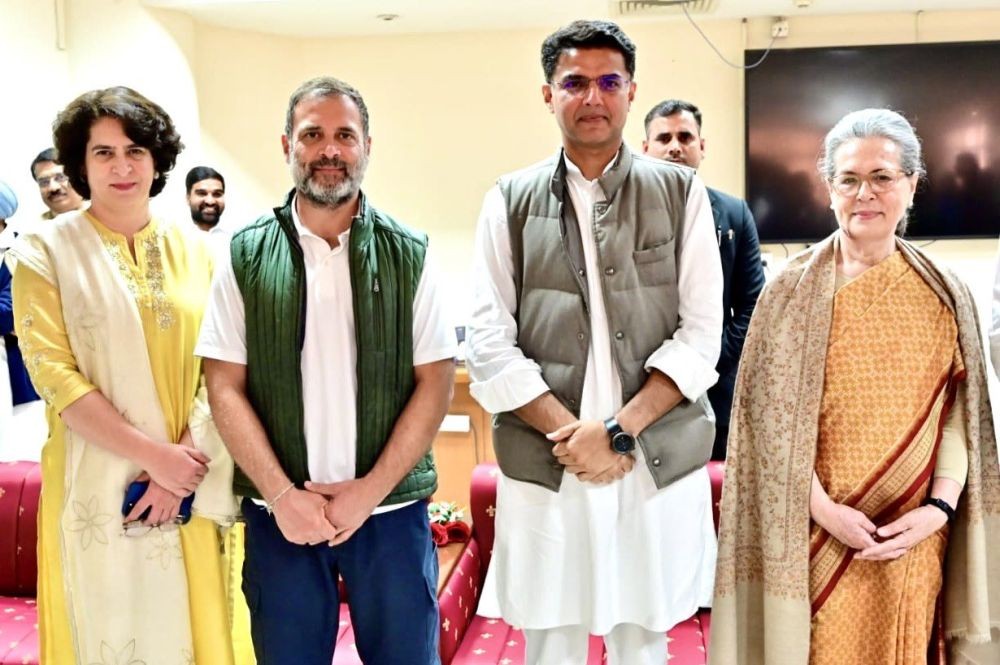 Jaipur: Congress leader Sonia Gandhi with party leaders Priyanka Gandhi, Rahul Gandhi and Sachin Pilot, in Jaipur on Wednesday, Feb. 14, 2024. (Photo: IANS/@SachinPilot)