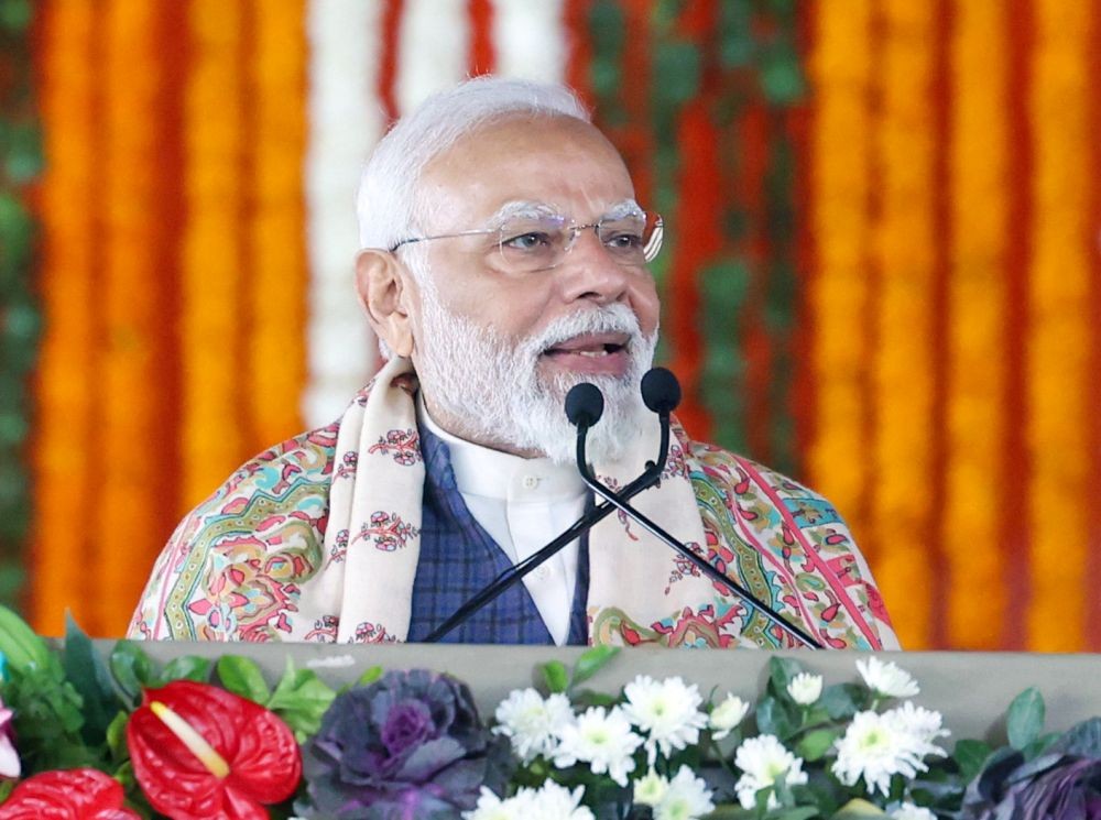 Jammu: Prime Minister Narendra Modi addresses during the foundation-laying ceremony of various development projects in Jammu on Tuesday, February 20, 2024. (Photo: IANS/PIB)