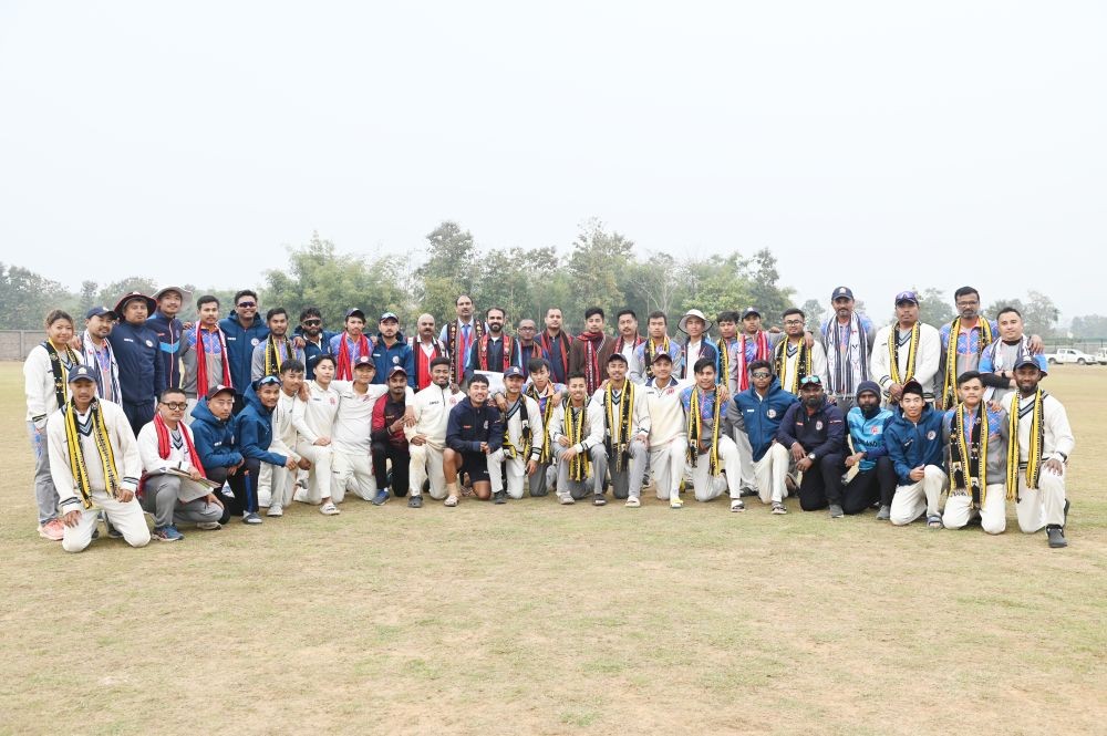 Players of Nagaland’s Under-23 cricket team for Col CK Nayudu Trophy 2023-24 and other pose for lens after the match against Manipur at Sovima Cricket Ground, Sovima on January 31. (Photo Courtesy: NCA)