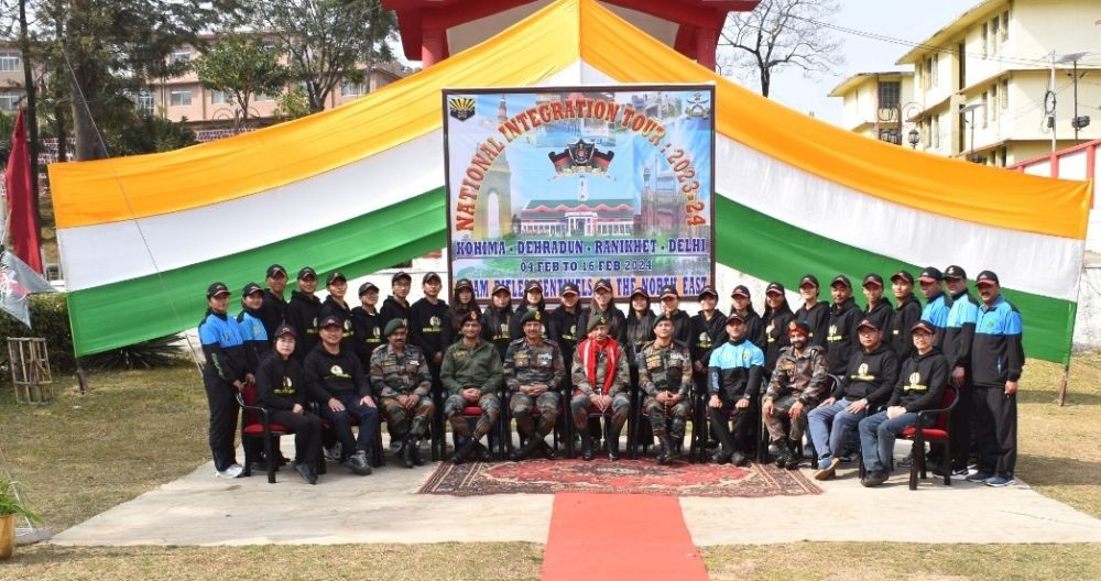 Major General Vikas Lakhera and others with participants of National Integration Tour after flagging in programme in Kohima on February 16.