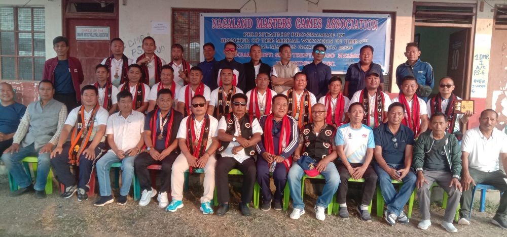 The medal winners and others with Vice President of the DDSC, Tsenthungo Nyamo (Centre sitting) at the DDSC Stadium, Dimapur on February 19. (Morung Photo)