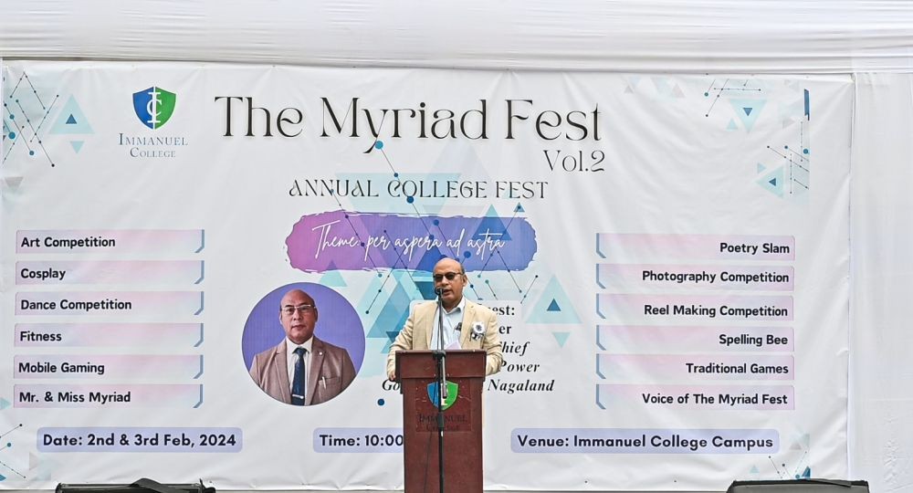 Engineer-in-Chief of State Department of Power, Er Moa Aier speaking during the Myriad Fest, at Immanuel College, Dimapur on February 2.
