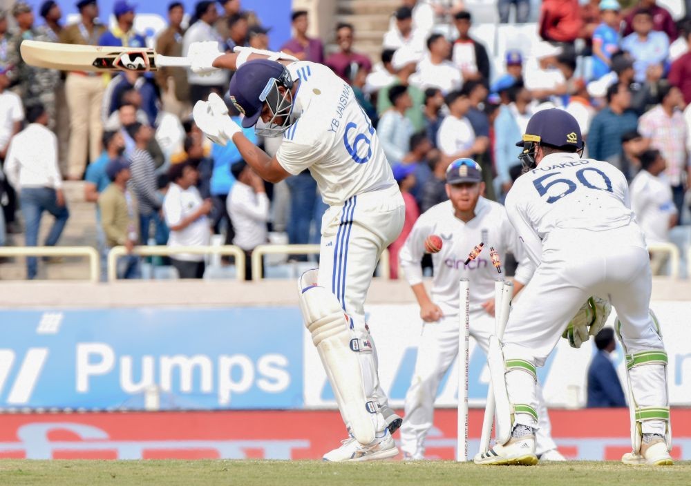 Ranchi : India's Yashasvi Jaiswal is bowled out by England's Shoaib Bashir during the second day of the fourth Test cricket match between India and England, in Ranchi, Saturday, Feb. 24, 2024.(IANS/Rajesh Kumar)