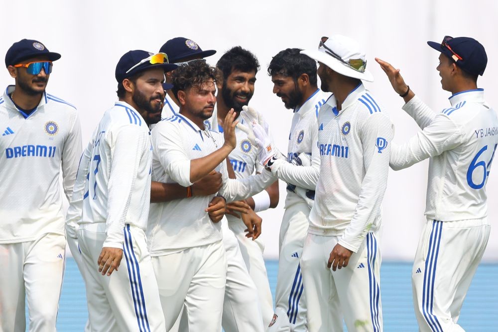 Visakhapatnam: India's Kuldeep Yadav celebrates the wicket of England's Zak Crawley with teammates during the fourth day of the second Test match between India and England, at Dr Y.S. Rajasekhara Reddy ACA-VDCA Cricket Stadium, in Visakhapatnam on Monday, Feb. 5, 2024. (Photo: IANS/Suresh Kumar)